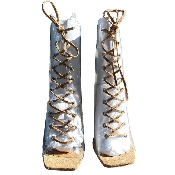 CAPE ROBBIN Dressy CLEAR Cork Square Peep Toe Ankle Block Lace Up BOOTIE Sz 6.5 - Picture 8 of 12